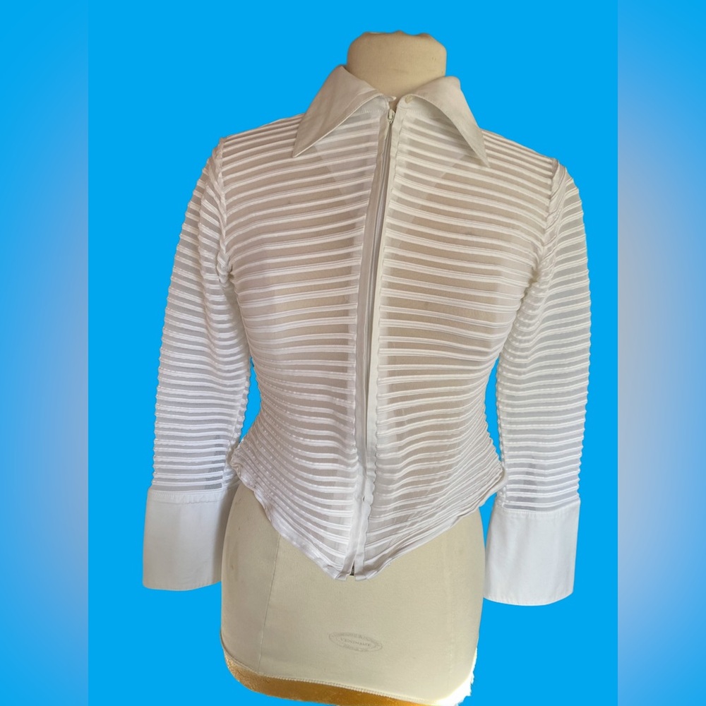 Y2K Rayure Paris White Sheer Striped Zip-Front blouse made in France
